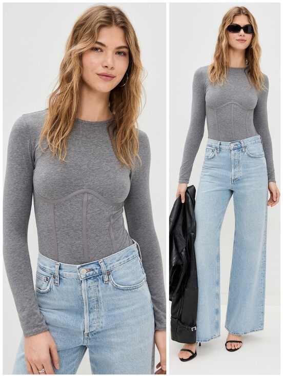 Fleur du Mal Tops - Fleur Du Mal Gray Cotton Long Sleeve Bustier Bodysuit, M